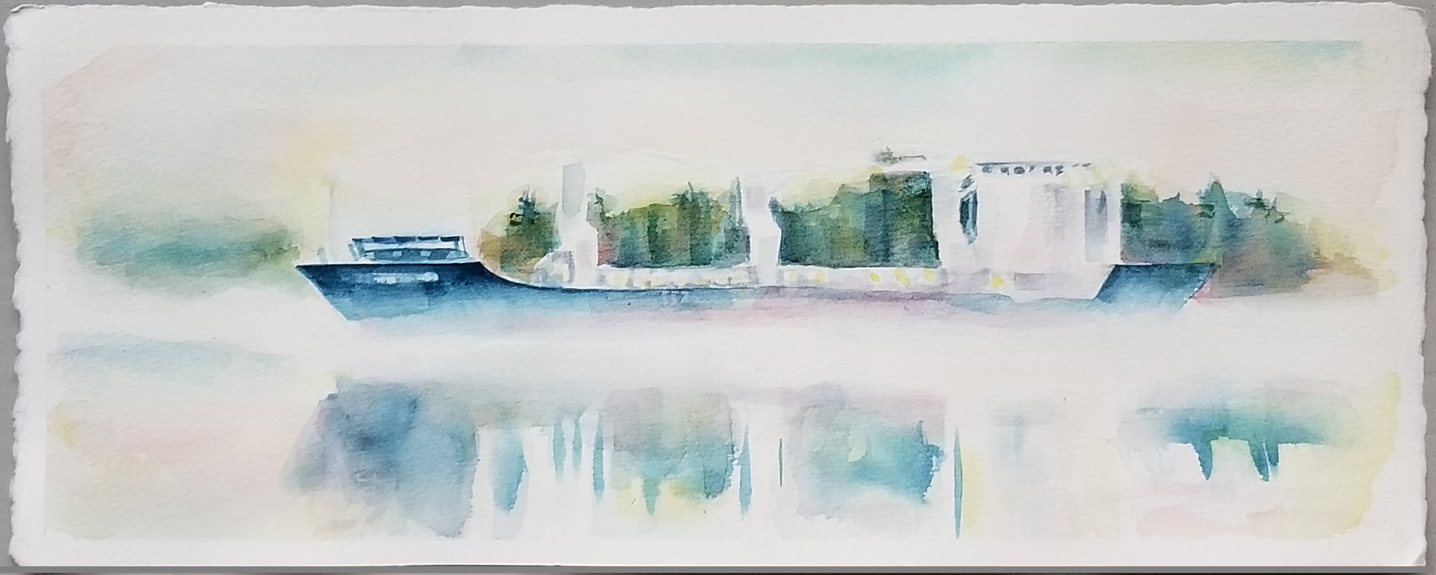 Merrilyne Hendrickson; Freighter In The Fog On T..., 2020, Original Watercolor, 27 x 13 inches. Artwork description: 241 Quiet and mystical gliding through the fog...