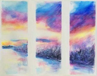 Merrilyne Hendrickson; Sunset Over Wellesley Island, 2018, Original Watercolor, 30 x 26 inches. Artwork description: 241 Harsh late season sticks contrast the roaring sunset in the sky...