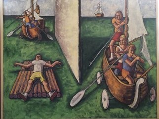Michael Fornadley; Boat People 2, 2020, Original Painting Oil, 48 x 38 inches. Artwork description: 241 Oils and Casein on wood, Style- expressionism, figurative images- people- boats, that convey societal themes within a seascape...