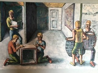 Michael Fornadley; Water Jugs, 2019, Original Painting Oil, 57 x 38 inches. Artwork description: 241 Unscripted narrative, theme of work vs play, main scene of children playing paper football and men toiling to carry heavy objects...