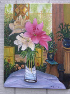 Michael Navascues; Plant Room With Lilies, 2013, Original Painting Oil, 16 x 20 inches. Artwork description: 241   Interior with various plants, stain glass, and bouquet of Asian lillies ...