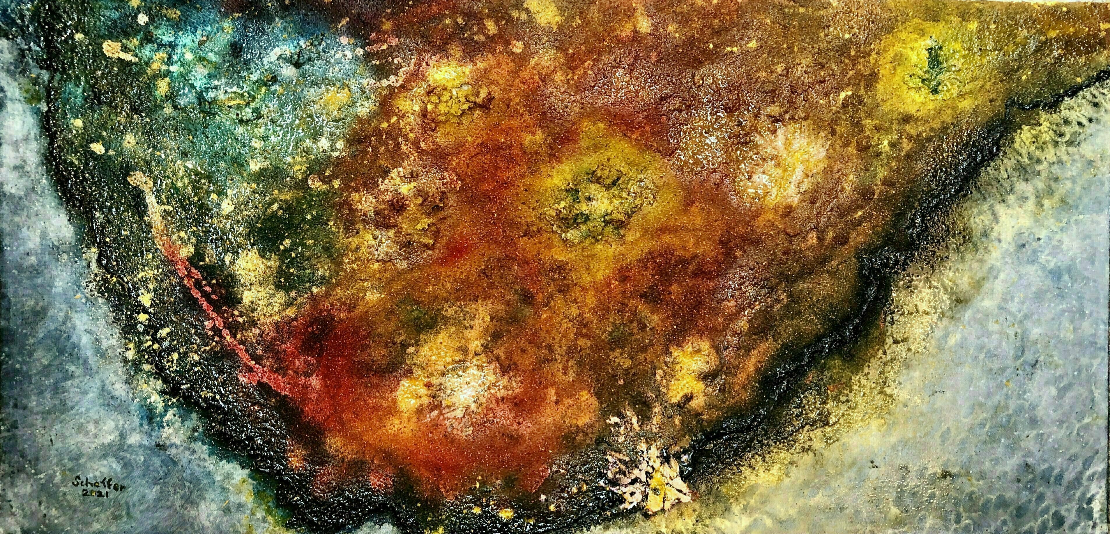 Michael Schaffer; Meteor, 2021, Original Mixed Media, 48 x 24 inches. Artwork description: 241 This colorful abstract uses sand, ocean sponges, pumice rock, inks, and resin.  And it really does feel wild and will look amazing on your wall. ...