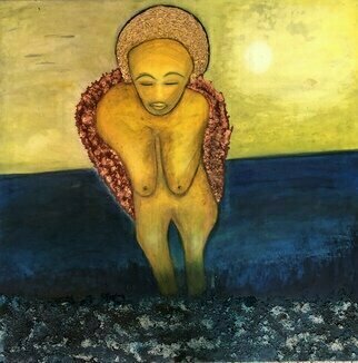 Michael Schaffer; Carrying The Burden, 2022, Original Mixed Media, 36 x 36 inches. Artwork description: 241 The symbol of a naked woman coming into shore carrying the burden of baring our children and our future is what is depicted. ...