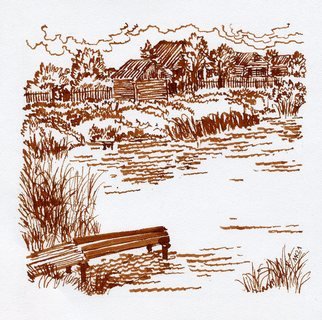 Mikhail Kolomeytsev; Village Pond, 2021, Original Drawing Ink, 16 x 16 cm. Artwork description: 241 pen, ink on paper...