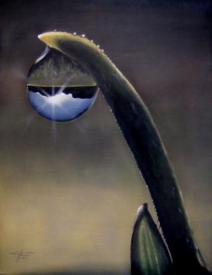 Michelle Iglesias; Mountain Dew Drop, 2011, Original Painting Oil, 14 x 18 inches. Artwork description: 241   dew drop, reflection, mountain, leaf, water, morning, blue, green, yellow, tan, gray  ...