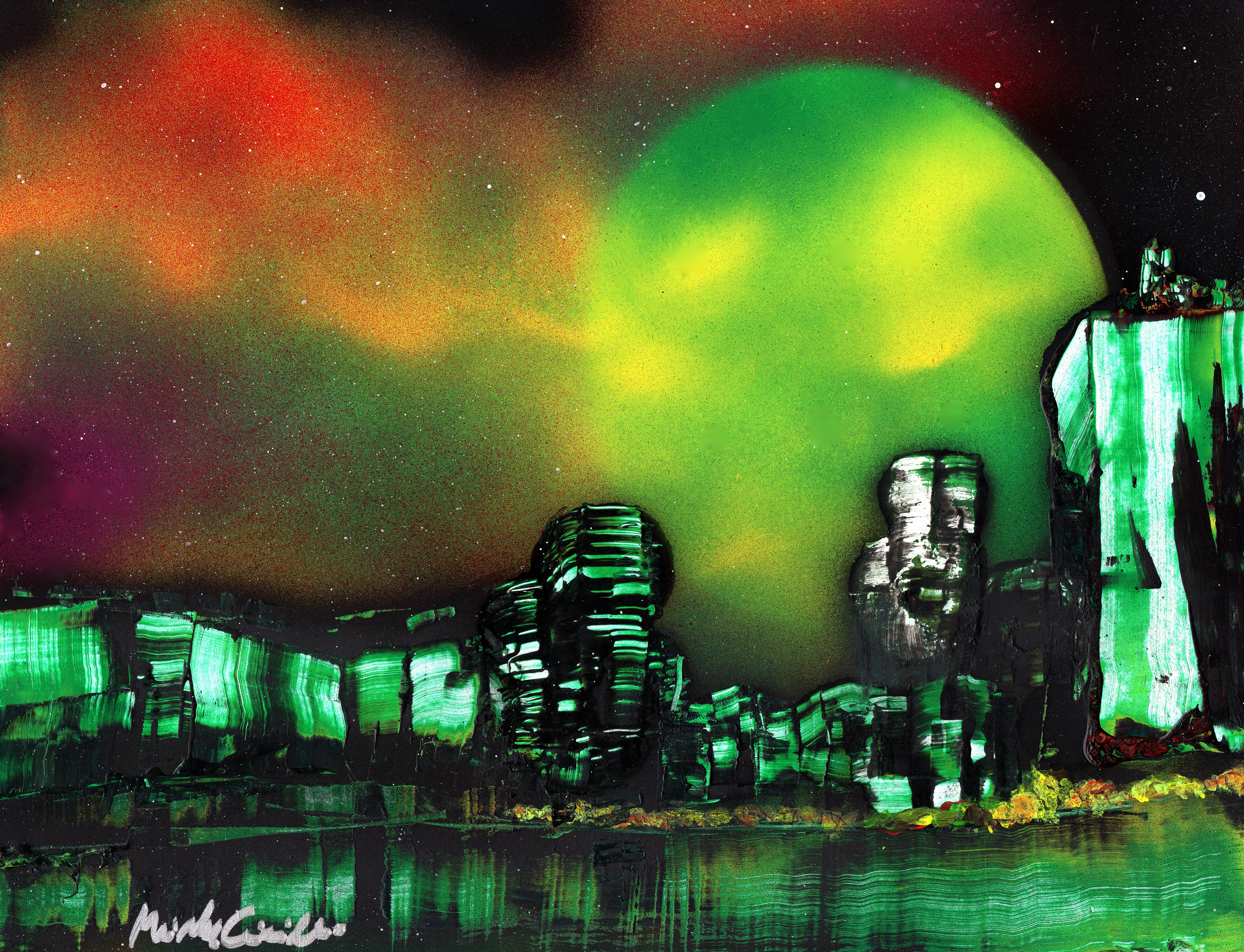 Mike Cicirelli; Emerald Moon, 2017, Original Painting Acrylic, 8.5 x 11 inches. Artwork description: 241 A large moon balances a Cityscape with life- giving green and mists of orange spirit.  Painted with spray, brush and acrylic on 11x8. 5 heavy weight acid- free flat board, its an original painting perfectly suited for mat framing.  ...
