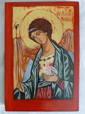 Milena Pramatarova; Archangel Gabriel, 2015, Original Drawing Gouache, 27 x 40 cm. Artwork description: 241  Archangel Gabriel, icon, 40 x 27 cm. materials: wood, tempera ...