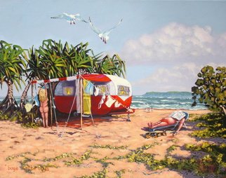 Michael Jones; Boys Will Be Boys, 2014, Original Painting Acrylic, 50 x 40 cm. Artwork description: 241   Retro caravan series, Bill and Sheila on holidays.  ...