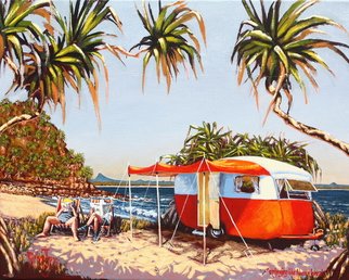 Michael Jones; Enjoying The Noosa Break,..., 2014, Original Painting Acrylic, 50 x 40 cm. Artwork description: 241  Retro caravan series, Bill and Sheila on holidays. ...