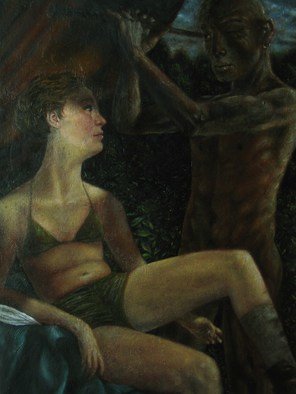 Mark Keogh; Cleopatra And  Columbus, 2013, Original Painting Oil, 27 x 32 cm. Artwork description: 241  Two figures inhabit a dark forest- like setting and hold poses as if they are actors in some drama. The male gazes towards the horizon while the female reaches out to him. ...