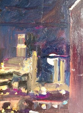 Michelle Mendez; Boston Edison Moonlight, 1993, Original Painting Oil, 6.7 x 8.7 inches. Artwork description: 241  Boston, night, oil sketch, oil on primed Rives BFK paper mounted on masonite, stripping stained mahogany, ready to hang    ...
