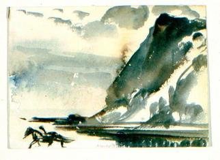 Michelle Mendez, 'Cliffs of Carsaig', 1996, original Watercolor, 10 x 7  inches. Artwork description: 1911 View of the Cliffs of Carsaig on the Isle of Mull, Scotland, sketch of horserider racing waves along the beach ...