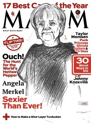 Maria Changalidi; Merkel, 2015, Original Mixed Media, 11 x 8 inches. Artwork description: 241  politics, propaganda, sarcasm, cartoon, magazine, merkel, political cartoon,    ...
