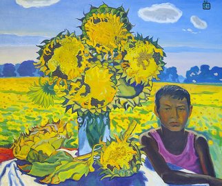 Moesey Li, 'A boy and sunflowers', 1993, original Painting Oil, 90 x 76  cm. Artwork description: 1758 realism, genre painting, boy, sunflowers, field, sky...