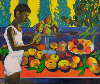 Moesey Li, 'A boy with a pear', 1993, original Painting Oil, 100 x 84  cm. Artwork description: 1758 realism, genre painting, boy, table, peaches, pears...