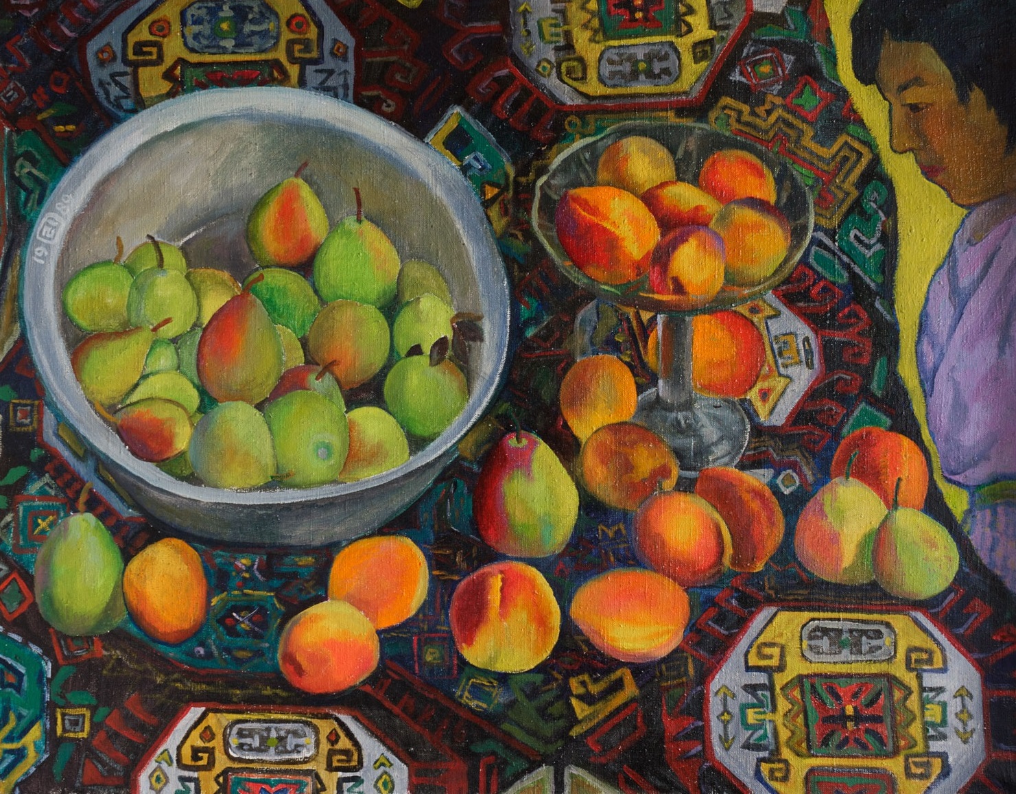 Moesey Li, 'Oriental still life', 1989, original Painting Oil, 90 x 70  cm. Artwork description: 1758 peaches, pears, realism, still life, carpet, woman...