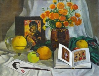 Moesey Li; Still Life With A Book, 1989, Original Painting Oil, 60 x 48 cm. Artwork description: 241  realism, still life, book, icon, flowers, vase, apples...