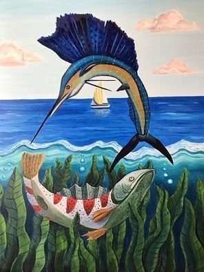 Monica Puryear; Sailing, 2019, Original Painting Oil, 16 x 20 inches. Artwork description: 241 This painting expresses the intersection of the Sailfish, salmonand sailboat. ...