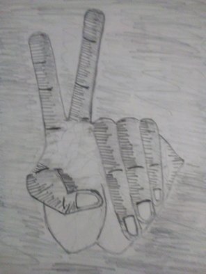 Alexander Kwesi; A Hand With A Sixth Finger, 2018, Original Drawing Pencil, 210 x 297 mm. Artwork description: 241 A representation of a hand doing the peace sign with a sixth finger...