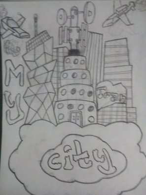 Alexander Kwesi; My City In A Cloud, 2018, Original Drawing Pencil, 210 x 297 mm. Artwork description: 241 A cartoonist representation of what my city would look like in a cloud...
