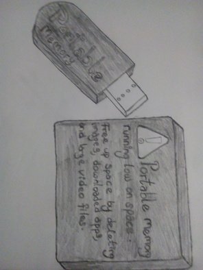 Alexander Kwesi; Technology, 2018, Original Drawing Pencil, 210 x 297 mm. Artwork description: 241 A representation of a portable device and it s error displayed on a computer when it s memory is running low...