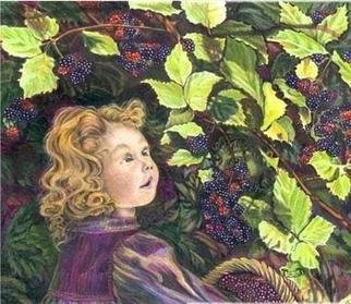 Susan Moore; Blackberry Elf, 2004, Original Printmaking Giclee, 16 x 14 inches. Artwork description: 241 Colored pencil illustration of a young girl picking blackberries.          There is a little green elf peeking out from the berry bush. Giclee prints of various sizes from 8 x 7 to 40 x 35 starting at $27. 00 US and up. Go to URL ````````````````````````````          