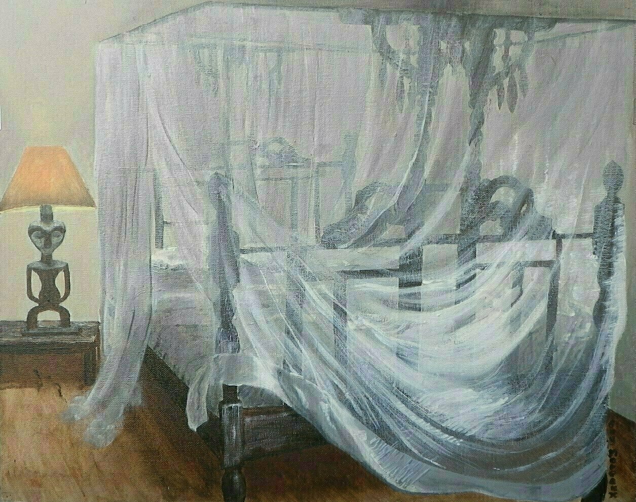 Guy Octaaf Moreaux; Diani Morning, 2019, Original Painting Acrylic, 50 x 40 cm. Artwork description: 241 Diani, on the Kenian coast, is a beachtown.  The atmosphere with the swahili style bed with a mosquitonet, will bring memories up for those who have spent time there.  Acrylic paint on canvasboard. ...