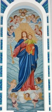 Diana  Donici; Virgin Mary Queen With Ba..., 2012, Original Mosaic, 5 x 1.5 m. Artwork description: 241    Religious work made in mosaic tehnique out of glass, with use of real 24k golden glass.  Mounted directly on the wall, as the front piece of the church altar.       ...