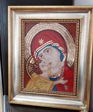 Diana  Donici; Virgin Mary With Jesus Child, 2013, Original Mosaic, 28 x 35 cm. Artwork description: 241 Religious work made in mosaic tehnique out of glass, with use of real 24k golden glass.   ...