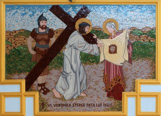 Diana  Donici; Way Of The Cross, 2012, Original Mosaic, 1.9 x 1.2 m. Artwork description: 241     Religious work made in mosaic tehnique out of glass, with use of real 24k golden glass.  Mounted directly on the wall. Represent one of the 14 stations of the cross.        ...