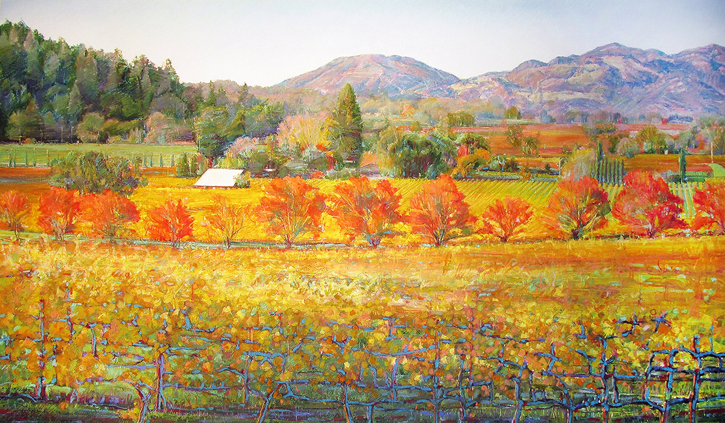 Steven Gordon; UpValley, 2022, Original Giclee Reproduction, 36 x 21 inches. Artwork description: 241 MyUpValleybrings the beauty of Napa Valley during our Harvest on a full Fall day.  The vineyards and the trees along the roads are changing color and the largest iconic mountain in The Valley, Mount St.  Helena is seen towering in the distance.  The original oil painting was ...