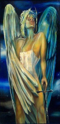 Rafal Mruszczak; Archangel, 2017, Original Painting Oil, 50 x 120 cm. Artwork description: 241 Keywords: blue, sword, wings, woman, celestial, angel, feathers, heaven...