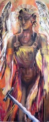 Rafal Mruszczak; Archangel, 2017, Original Painting Oil, 50 x 120 cm. Artwork description: 241 Keywords: sword, wings, celestial, angel, faces, feathers, halo, heaven ...