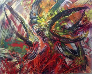 Rafal Mruszczak; Fighting Birds, 2017, Original Painting Oil, 100 x 80 cm. Artwork description: 241 Keywords: beaks, red, birds, wild, expression, feathers, fight, nature ...