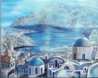 Rafal Mruszczak; Greek Coast, 2017, Original Painting Oil, 65 x 50 cm. Artwork description: 241 Keywords: sea, shore, blue, town, water, buildings, greece, architecture, harbour ...
