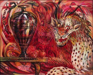 Rafal Mruszczak; Panther Of Dionysus, 2017, Original Painting Oil, 80 x 60 cm. Artwork description: 241  Keywords: panther, red, terrifying, vase, cheetah, feline, fruits, leopard, mythology ...