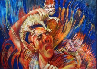 Rafal Mruszczak; Pesky Chameleons, 2017, Original Painting Oil, 80 x 60 cm. Artwork description: 241 Keywords: blue, chameleon, anger, animals, fear, grim, irritation, man, orange ...