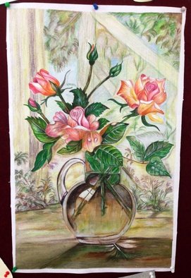 Mousmi Jain; Flowers In A Glass Pot, 2014, Original Mixed Media, 14 x 22 inches. Artwork description: 241  bunch of  flowers in a glass pot ( this work is done on a drawing sheet and picture taken by iPhone 5)     ...