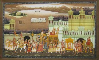 Mayank Salvi; ROYAL PROCESSION, 2015, Original Painting Other, 12.5 x 20 inches. Artwork description: 241  THIS PAINTING DEPICTS THE SCENE OF HINDU KING COMING TO HIS PALACE WITH HIS QUEEN AFTER GETTING MARRIED. NATURAL COLOR EXTRACTED OUT OF FLOWER AND STONE HAS BEEN USED AS WELL AS REAL GOLD IS USED IN MAKING OF THIS PAINTING. ...