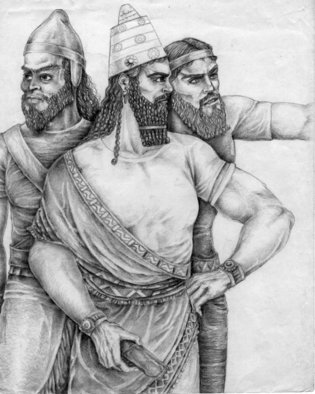 Nahrain Michael; Assyrian King, 2004, Original Drawing Pencil, 15 x 18 cm. Artwork description: 241  taken from multiple reliefs, this is an portrait of the king monitoring a building process. ...