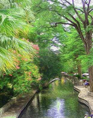 Nancy Wood; Riverwalk Afternoon, 2019, Original Digital Painting, 24 x 20 inches. Artwork description: 241 Computer enhanced photo on canvas with oil embellishments...