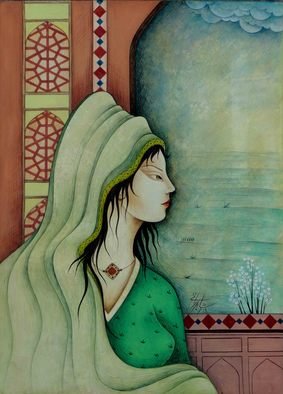 Shahid Rana; Girl In The Window, 2012, Original Watercolor, 11 x 14 inches. Artwork description: 241 this is miniature realistic painting, painted by shahid rana, it is original work, water color on cardboard...