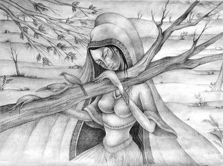 Shahid Rana; Girl With Bird, 2009, Original Drawing Graphite, 20 x 16 inches. Artwork description: 241 this is miniature realistic painting, painted by shahid rana, it is original work, water color on canvas...