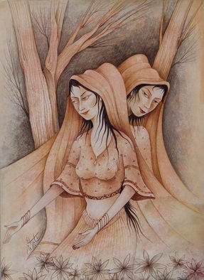 Shahid Rana; Two Sisters, 2012, Original Watercolor, 14 x 11 inches. Artwork description: 241 this is miniature realistic painting, painted by shahid rana, it is original work, water color on cardboard...