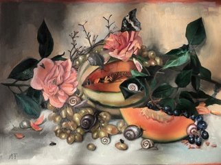 Anastasia Terskih; Still Life With Melon, 2021, Original Painting Oil, 70 x 50 cm. Artwork description: 241 Original Oil Painting on canvas  Still life with melon, tea roses, grapes, snails and butterflies aEURC/ Artist - Anastasia TerskihaEURC/ Painted in 2021aEURC/ Comes with a certificate of authenticityaEURC/ UnframedHeight: 50 cm   19. 6 inchesLength: 70 cm   27. 5 inches...