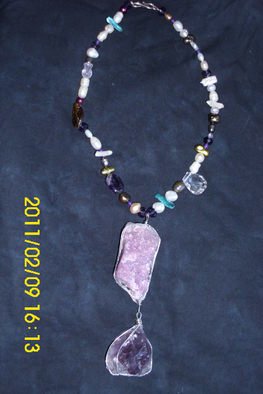 Mercedes Morgana Reyes; Cerridwen, 2011, Original Jewelry,   inches. Artwork description: 241  this is a potpourri of different pearls with a steling wrapped pink tourmaline and amethyst ...