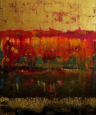 Nelu Gradeanu; Abstract Landscape, 2019, Original Painting Acrylic, 50 x 60 cm. Artwork description: 241 red, gold, abstract, acrylic, landscape.  nelu gradeanu...