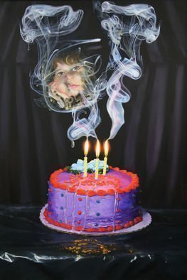 Richard Barone; August 9 2008, 2011, Original Painting Oil, 24 x 36 inches. Artwork description: 241 Happy Birthday, Caylee. c2011.Backdrop: judge s robeSmoke: swirls into scrolls- - diplomas and certificates- - she never got.Candles: third birthday she never saw.Table Cloth: black trash bag- - her coffin. ...