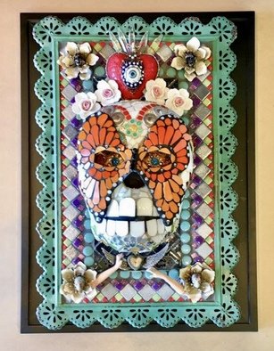 Clark-camargo Mary; A Matter Of Time, 2020, Original Mosaic, 16 x 20 inches. Artwork description: 241 This Day of the Dead mosaic wall hanging explores the theme of love, loss, yearning, rebirth and the passage of time. it is made from hand cut stained glass, glass tile , found objects, metal and porcelain...