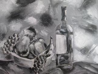Nicole Pereira, 'Fruit Bowl and Wine in Mo...', 2013, original Painting Acrylic, 14 x 11  x 0.1 inches. Artwork description: 1911  Fruit Bowl and Wine in Monochrome by Nicole Pereira, still life, black and white acrylic painting ...